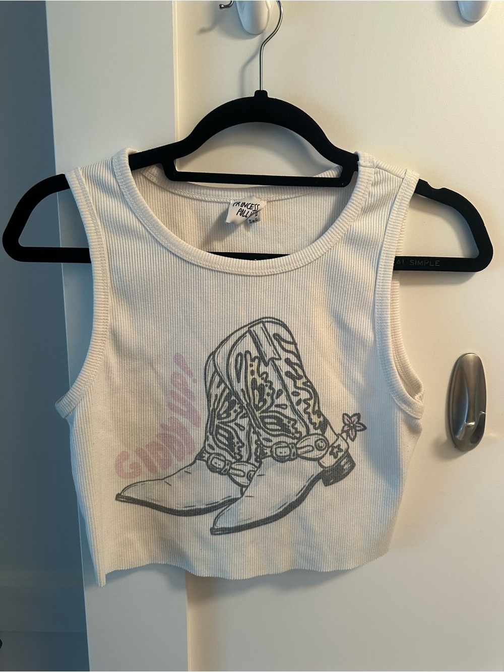 Princess Polly White Ribbed Tank Top with Black Graphic Accent